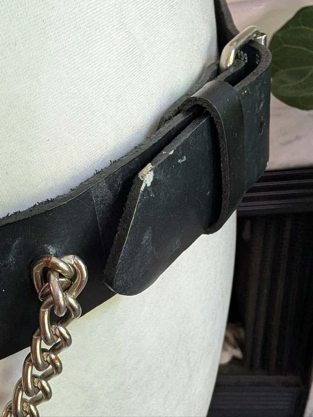 Vintage 80s MANZOOR Black Leather O-Ring Belt Sz L Made in USA Punk Goth Chain
